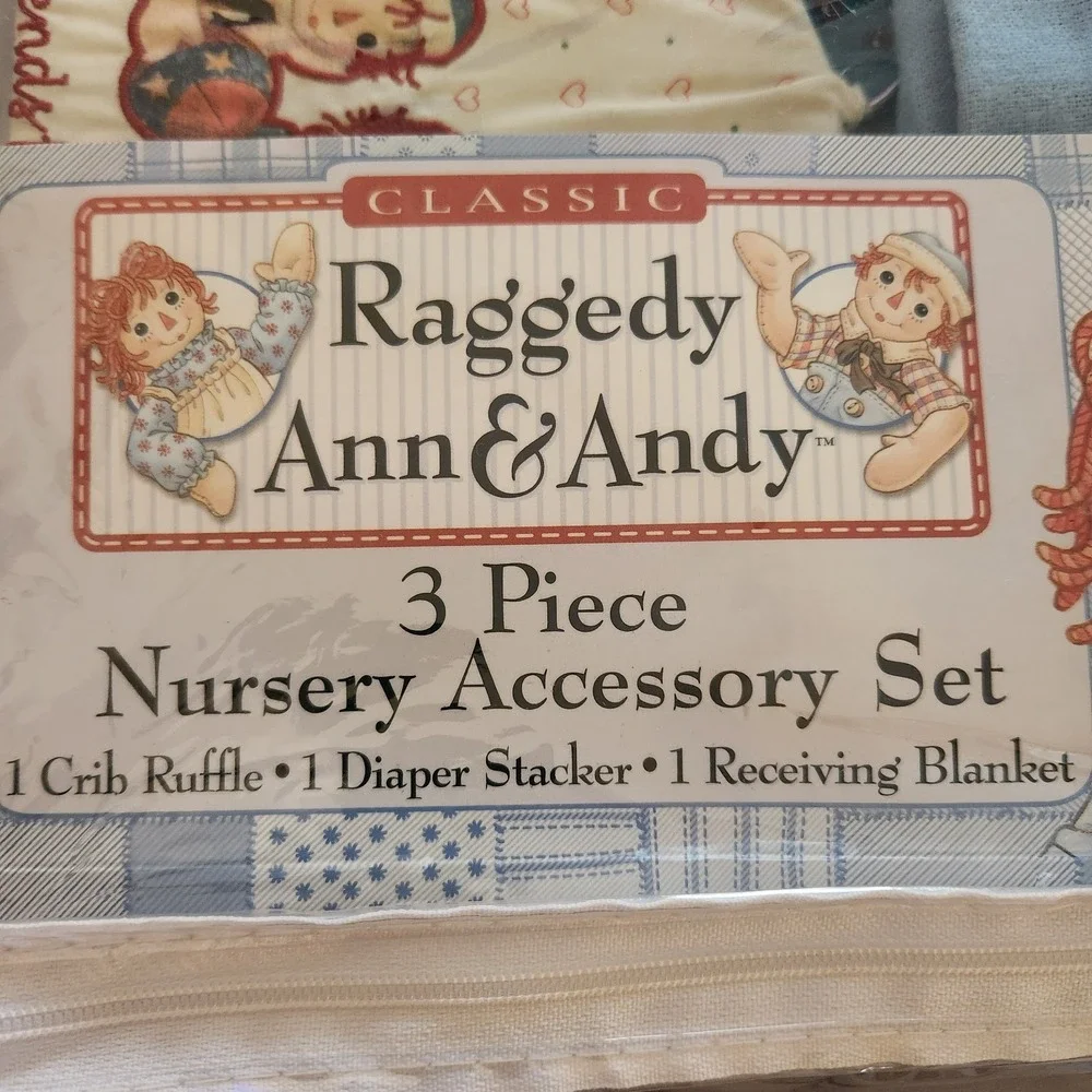 Vtg Springs Baby Raggedy Ann & Andy‎ 3 Pc Nursery Crib Ruffle Diaper Stacker Set